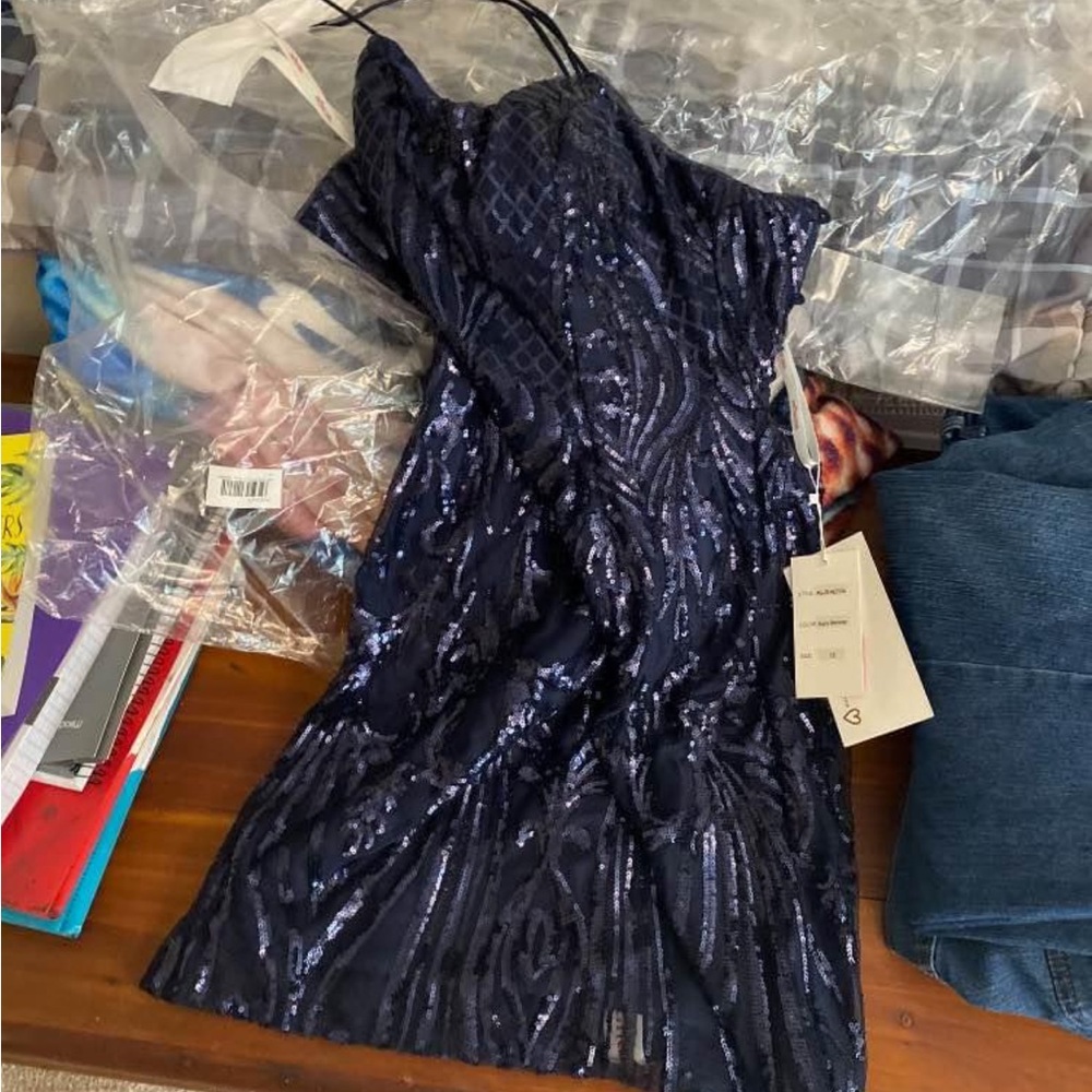 PromGirl Blue Sheath Cocktail Dress with Spaghetti Straps